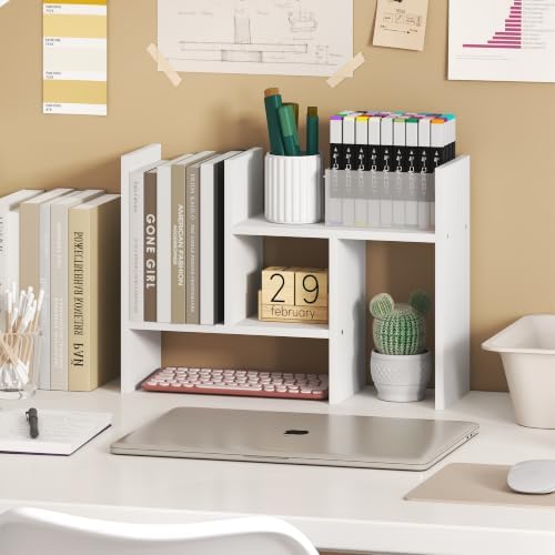 Furinno Classic Desk Organizer, Adjustable Desk Top Book Shelf, White