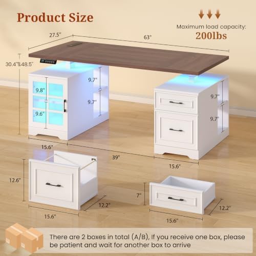 UPOSOJA 63" Farmhouse Electric Standing Desk with Drawers, Storage Shelves