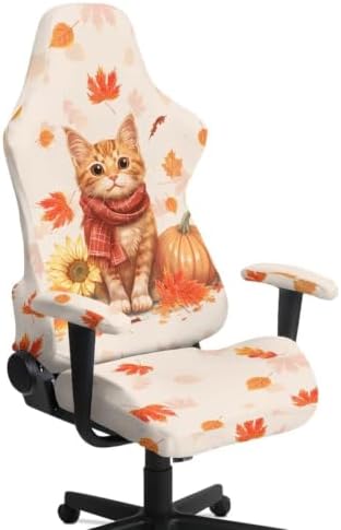 Fall Maple Leaf Gaming Chair Protector Slipcover 4-Piece Fits Office/PC Boss Recliners Anti-Scratch Washable with Zipper for Living Room Orange Cat Pumpkin