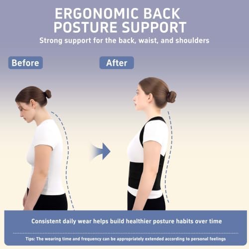 Posture Corrector for Women and Men, Full Back Brace for Posture Support, Adjustable Upper Back Brace with Waist Belt, Shoulder Straightener for Hunchback, Back Support for Work, Home, Office Black, X-Large