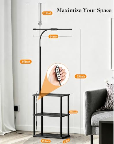 LED Floor Lamp with Table, 18W Bright Reading Floor Lamp for Office, Narrow Side Table with Dual Head Goose-Neck, Adjustable Brightness & Color Temp, End Table with Storage Shelves-Black