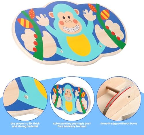 Balance Board for Kids, Wooden Wobble Rocker Board for Children, Capable of Bearing 123LB, Durable for Balance Training, Core Strength and Active Play, Bright Blue Monkey Pattern