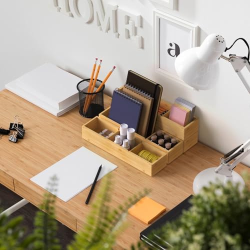 DUJEN 2 Pieces Bamboo Drawer Organizer 12.5'' X 6'' X 2'', Adjustable 2 Individual Junk Drawer organizer for Bathroom and Kitchen, Wood Drawer Organier Boxes for Jewellery, Make up and Tea Bag
