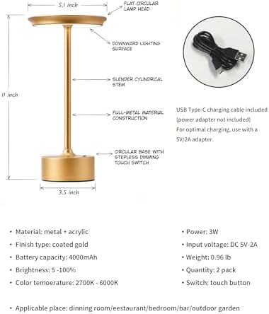 PUSU Rechargeable Table Lamps Set of 2, Gold Cordless Portable Desk Lamp
