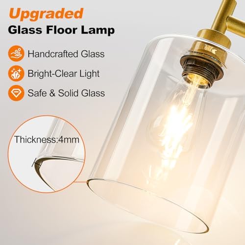 【Upgraded】 Dimmable Floor Lamp for Living Room with Clear Glass Lampshade, Gold Modern Glass Floor Lamp with 900LM LED Bulb Included, Arc Standing Tall Lamp for Bedroom, Office, Reading Room, Corner