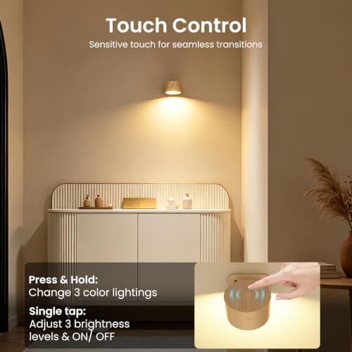 Koopala 2PACK LED Wall Lamps with Rechargeable Battery Operated, Wall Mounted Lights with 3 Brightness 3 Color Temp Removable Charging 360°Rotate Magnetic, Cordless Wall Sconces for Reading Bedside