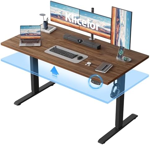 Klicelor 55 Inch Large Electric Standing Desk, Height Adjustable Office Desk, Sit Stand Up Computer Gaming Desk with Memory Preset, Two-Piece Desktop, Dark Walnut