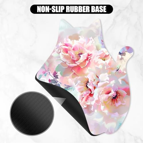 Funny Mouse Pad Cute Cat Shape Office Desk Accessories Decor for Women 9.65 x 8 Inch Small Mousepad with Non-Slip Rubber Base Washable Waterproof, Pink Flower