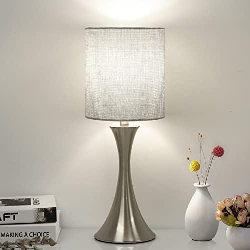 3 Way Touch Control Table Lamp, Dimmable Bedside Desk Lamp with Metal Base Modern Nightstand Lamp Stylish Grey Shade Simple Side Table Lamp for Bedroom, Living Room, Office or Den LED Bulb Included
