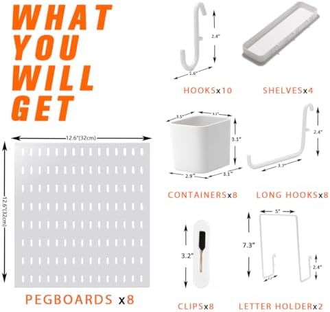 Peg Board Combination Kit, 8 Pegboards with 40 Accessories, Pegboard Wall Organizer for Office, Nursery & Home Storage, Key Holder, 51.2"x25.6" – Nail-Free Installation（White）