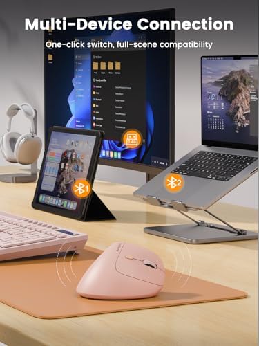 SABLUTE Ergonomic Keyboard and Vertical Mouse Bundle, Pink Wave Keyboard (2 AA Batteries powered) with Cushioned Wrist Rest and Pink Rechargeable Vertical Mouse, Wireless Aesthetic Desk Setup for Home