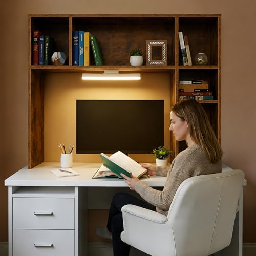 3 Tier Desktop Bookshelf with Rechargeable Eye-Friendly LED Desk Light, Desk Hutch Organizer with 5 Shelves, Wooden Desk Bookshelf for Office, Dorm and Small Space, Brown