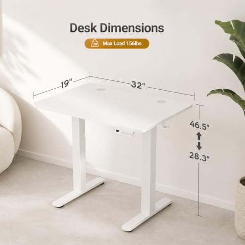 Claiks Electric Small Standing Desk, 32x19 Inch, White