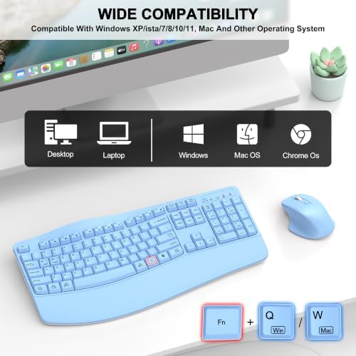 Wireless Keyboard and Mouse Combo, 2.4G Ergonomic Wave Keys(Sky Blue)
