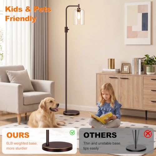 【Upgraded】 Dimmable Floor Lamp for Living Room with Glass Lampshade, Brown with GoldEdge Modern Floor Lamp with 900LM LED Bulb Included, Standing Tall Lamp for Bedroom, Office, Reading Room, Corner
