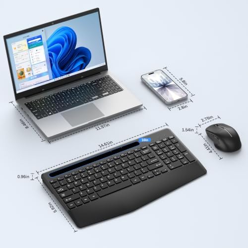Rechargeable Silent Wireless Keyboard and Mouse Combo, Ergonomic Wrist Rest & Phone Tablet Holder, USB-C Adapter Included, 2.4G Lag-Free Cordless Set for Windows Mac Laptop PC Home Office (Black)