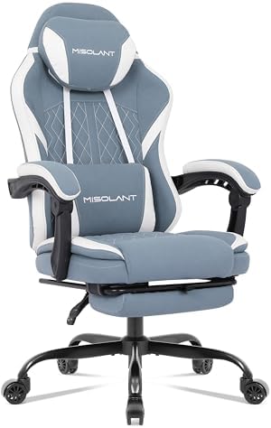 Misolant Gaming Chair, Fabric Gamer Chair with footrest for Adults, High Back Ergonomic Computer Game Chair with Adjustable Headrest and Massage Lumbar Support, 90-155° Recline Free, Blue