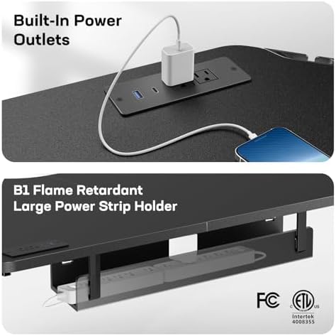 HUANUO 63" x 63" L-Shaped Standing Desk, Built-in Power Outlets, Black