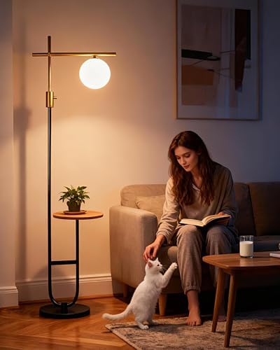 Lightdot 66IN Gold&Black Dimmable Floor Lamps with Storage Table, Modern Standing Tall Lamp with Milky White Globe Lampshade, Cross-Shaped Lamp Head and U-Pole Base Style for Living Room/Bedroom