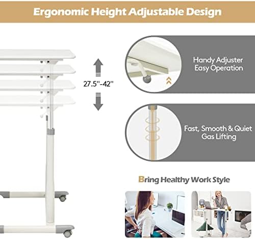 COSTWAY Mobile Height Adjustable Standing Desk, Compact Pneumatic Sit to Stand Computer Desk w/Lockable Casters, Ergonomic Rolling Laptop Table w/Steel Frame for Home Office (White)
