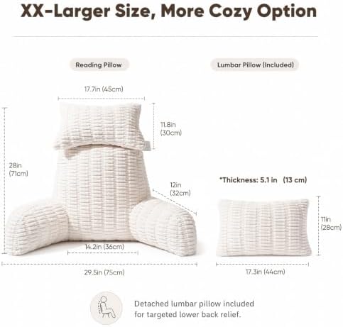 28" XXL Reading Pillow, Backrest Pillow with Detachable Neck Pillow