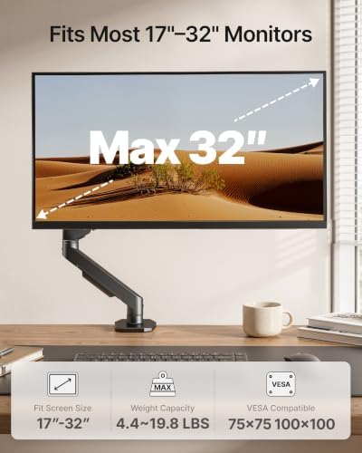 monTEK Aluminum Single Monitor Arm for 17-32" Screens, Holds 19.8 lbs