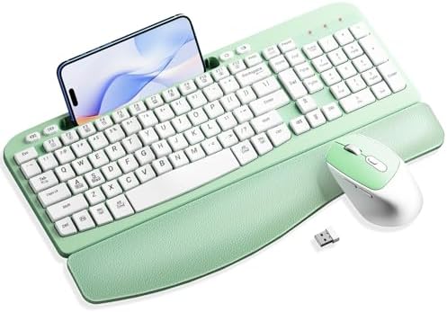 Hayyiesh Ergonomic Wave Keys Wireless Keyboard and Mouse Combo, Full Size with Memory Foam Wrist Rest & Phone Holder, 2.4G Cordless Set with USB-C Adapter for Windows Mac Desktop Laptop (Mint Green)