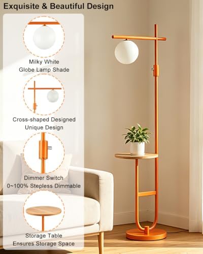 Lightdot Orange Floor Lamp with Table, 66IN Dimmable Corner Reading Lamp