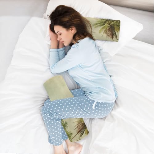 Vintage Palm Tree Neck Roll Pillow - Extra Dense Memory Foam Round Cylinder Bolster for Cervical Support, Spondylosis, Neck Pain Relief