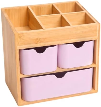 Bamboo Makeup Organizer with 3 Pink Drawers