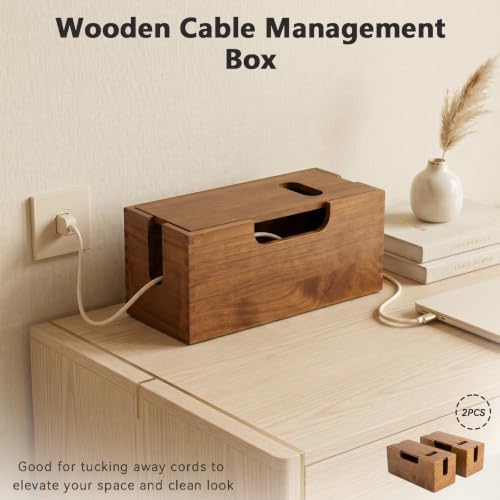 2 Pack Acacia Wood Cable Management Box with Magnetic Lid, Large Cord Management Box for Power Strip, Desk/Floor/TV Wire Storage, Cord Hider Box Under Desk Storage for Home Office