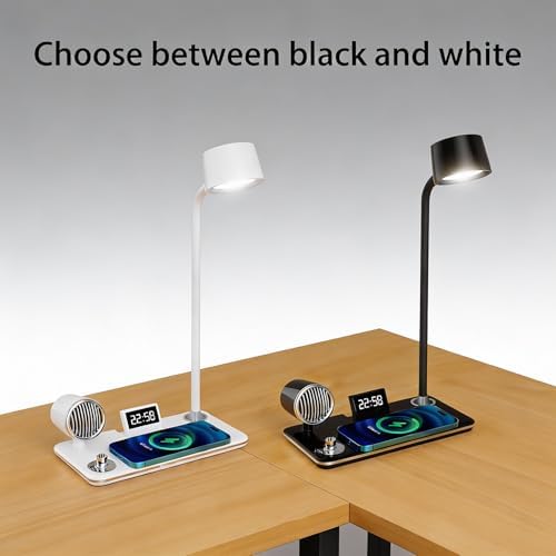 AYI Multifunctional Desk Lamp with Wireless Charger, Bluetooth Speaker, Digital Alarm Clock, Dimmable RGB LED, Brightness & Angle Adjustable for Home Office Bedroom, HYT1772 White.