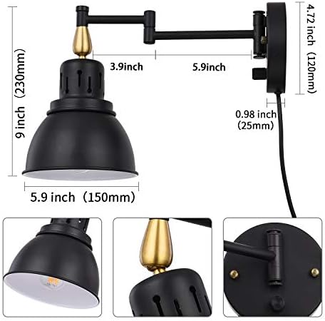 TRLIFE Plug in Wall Sconces, Dimmable Wall Sconces Retractable Swing Arm Wall Lamp with 6FT Plug in Cord and Dimmer Knob On/Off Switch, E26 Base, UL Listed(2 Pack)