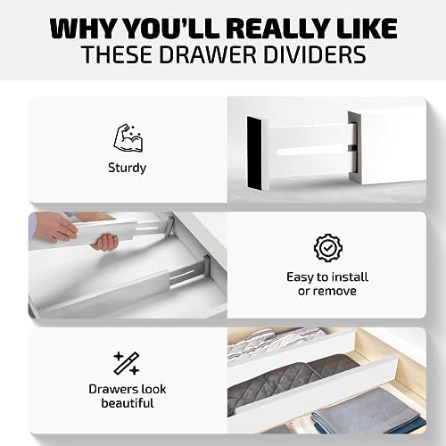 4-Pack Drawer Divider - 2.6" High, 16" to 22" Adjustable Bamboo Drawer Organizers for Clothes, Expandable Dresser Separators in Bedroom/Bathroom/Kitchen/Office Organization and Storage (White)