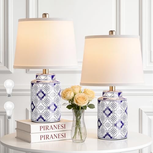 Bedside Lamps Set of 2，Blue and White Ceramic Table Lamps for Living Room