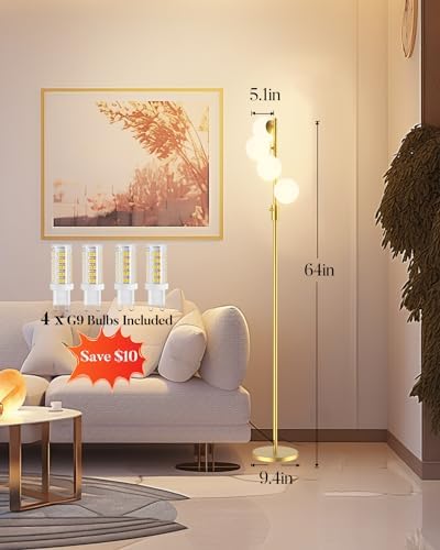 Lightdot 64IN Dimmable Globe Floor Lamp, Gold Standing Lamps with 4PCS 3000K Bulbs Warm White, Mid Century Modern Floor Lamp with 5Lbs Heavy Base for Living Room/Bedroom/Sofa Beside/Corner Decor