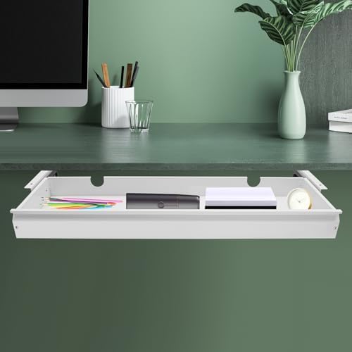 Xuthusman Under Desk Drawer, Under Desk Mounted Sliding Pull-Out Drawer Storage Organizer Space Saving Hidden Pull-Out Drawer for Office Home Desktop Accessories (White)