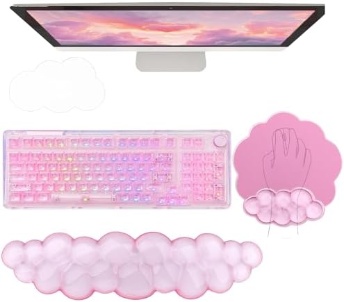 Gel Cloud Wrist Rest Keyboard Clear Pink Mouse Pad with Wrist Rest Set 3PCS Ergonomic Cool Keyboard Wrist Pad Cute Acrylic Coaster Non-Slip Base Cute Transparent Mouse Wrist Pad Support for Computer