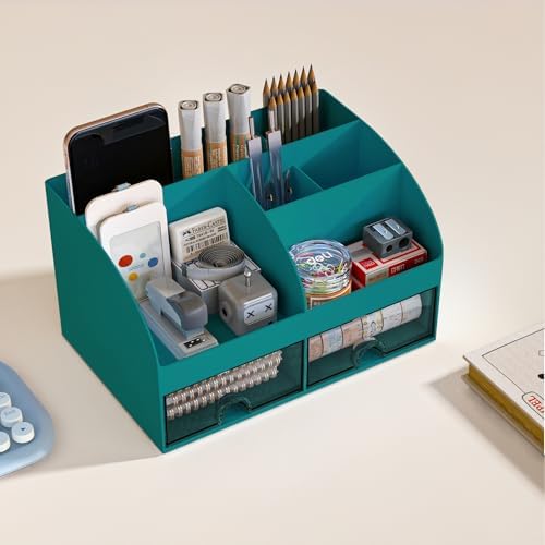 COMFYROOM Desk Organizer with 6 Compartments and 2 Drawers, Plastic Makeup Organizer, Pen Holder for Desktop Storage, Desk Organization for School, Home, Office Supplies (Dark Green)
