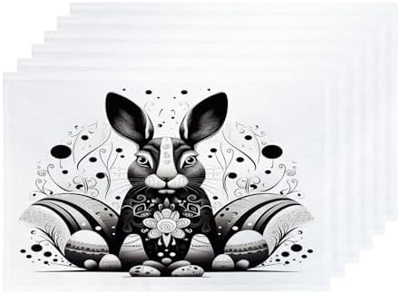 Shrahala Bunny Eggs Set of 6 12 X 18 Inch Linen Placemats, Decorative Bunny with Eggs Burlap Table Mat Washable Double Layered Heat Insulation for Indoor/Outdoor
