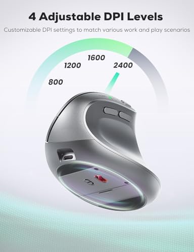 Nulea MD280 Ergonomic Vertical Wireless Mouse - Bluetooth & 2.4G Dual Mode, 4 Adjustable DPI 800/1200/1600/2400, Rechargeable, Silent Clicks, No Lag, 6 Buttons - Perfect for Laptop, Desktop Grey