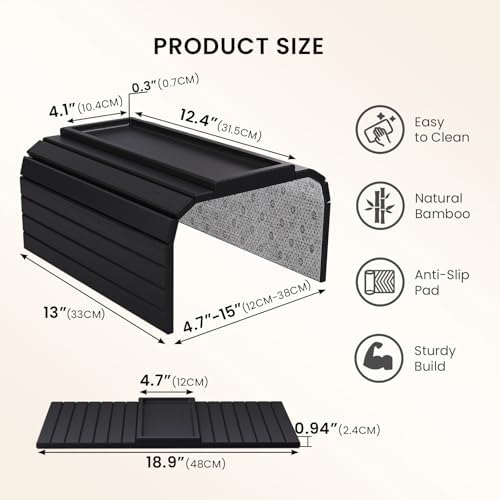 2 Pack Bamboo Folding Sofa Arm Tray with Anti-Slip Pad (Black)