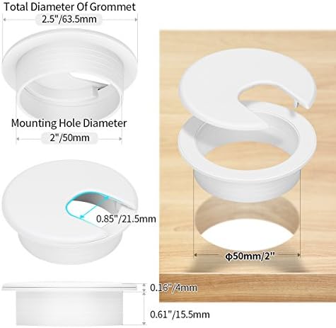 Desk Grommet, 2 Inch Plastic Wire Cord Organizer, White Grommet, 10 Pack