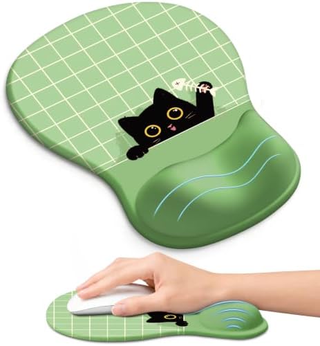 Ergonomic Mouse Pad with Wrist Rest, Gel Wrist Support, Green Cat