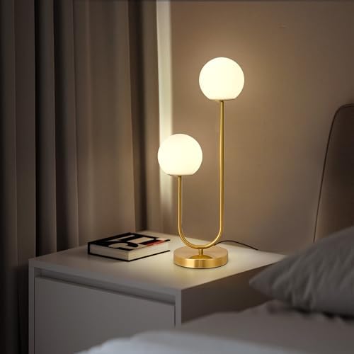 Mid Century Modern Globe Table Lamp Gold U-Shape Glass Table lamp 2-Globe Bedside Lamp with LED G9 Light Source Ideal for Bedroom & Office