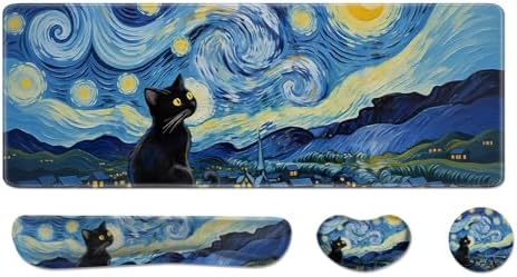 Desk Pad and Keyboard Wrist Rest, Large Mouse Pad + Keyboard Pad+Mouse Wrist Support, Non-Slip Desk Mat Protector for Office, Home 31.5×11.8 Inches Starry Night Cat