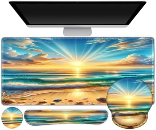 Gaming Mouse Pad, Large Desk Mat, Cute Desk Pad Protector, 4in1 XXL Mousepad + Keyboard Wrist Rest+Mouse Wrist Rest+Coaster Set with Ergonomic Desk Pad for Home Office Computer, Beach Sun Shell