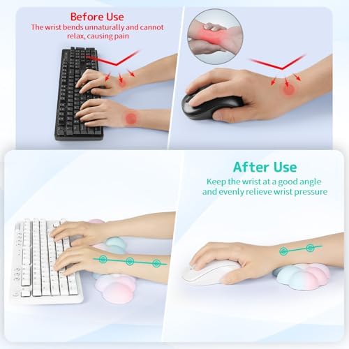 Sushret Cloud Wrist Rest Keyboard, Cloud Keyboard Wrist Pad Set with PU Leather Memory Foam, Cute Arm Rest for Palm Support, PC/Gaming Desk Accessories/Office Setup/Computer Hand Cushion - Rainbow