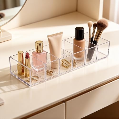 6-Compartment Clear Acrylic Organizer with Detachable Dividers, Eyeshadow Palette & Cosmetic Holder for Vanity Drawer, Cosmetic Station & Makeup Desktop