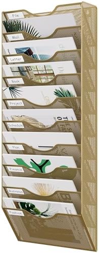 EasyPAG 10 Pocket Mesh Wall File Organizer, Hanging Paper Folder Holder with Classify Label, Vertical Wall Mount Mail Organizer for Office Home Classroom, Gold